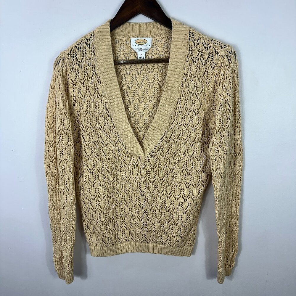 Talbots‎ Sweater Women Petite M Crochet Knit Beige Cotton Cottage Retro Coastal